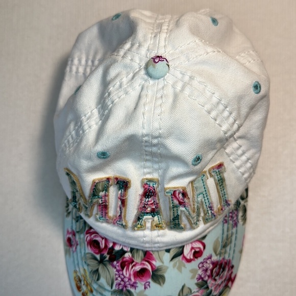 🔵 MIAMI Ball Cap Hat With Floral Brim And Adjustable Velcro Strap - Picture 9 of 9